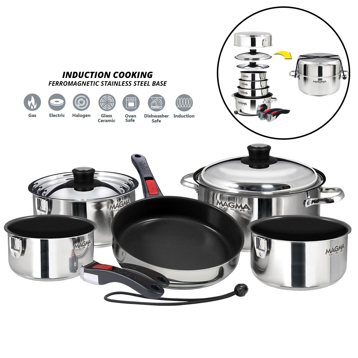 Magma A10-366-2-IND 10pc Stainless Steel Nesting Induction Cookware  Non-Stick RV – Fredwarner Marine & Outdoors